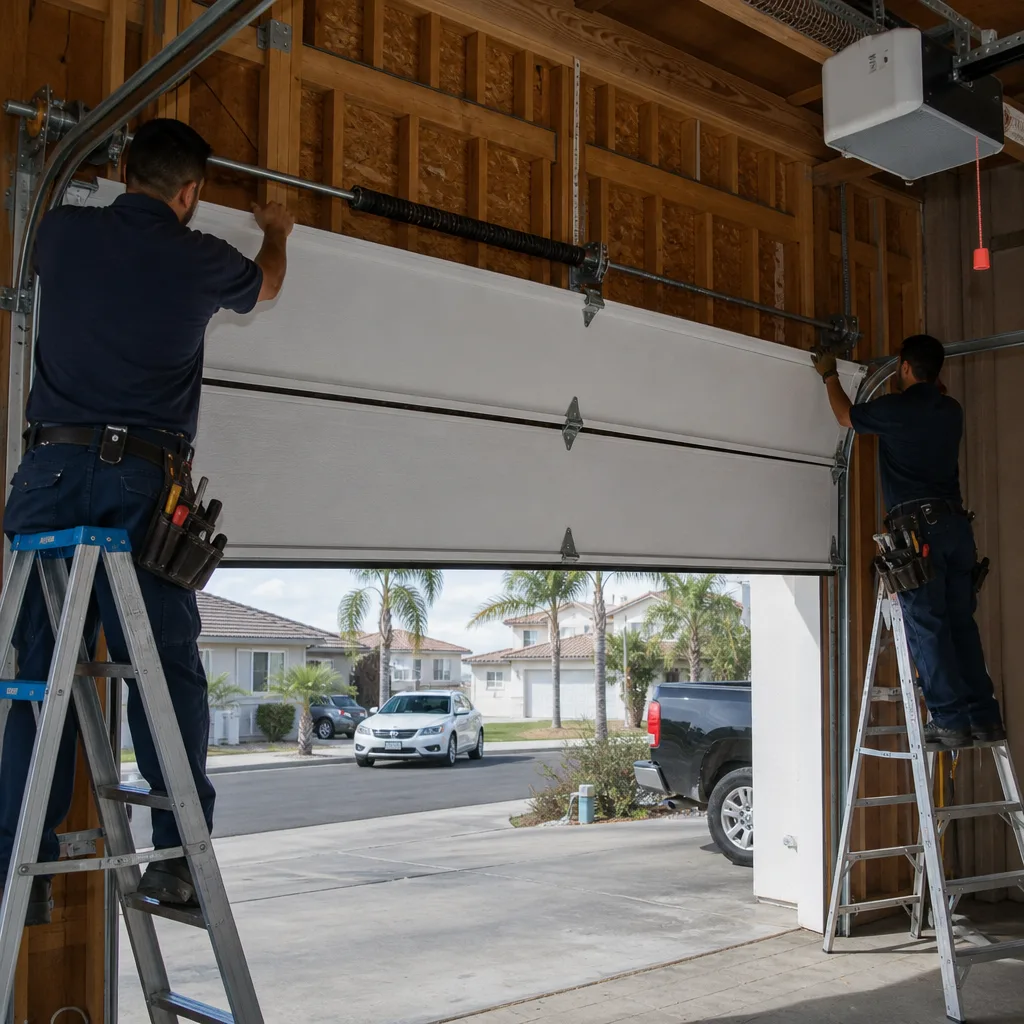 Two professional technicians performing a garage door installation on ladders.