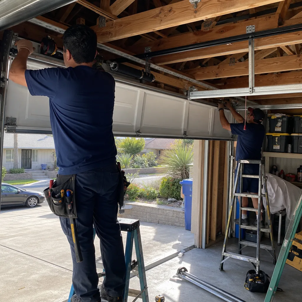 Two professional technicians performing a garage door installation on a residential property