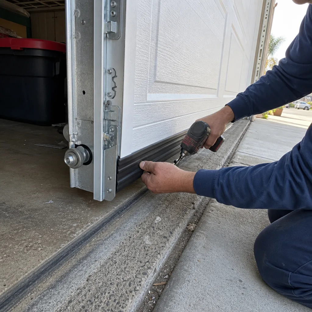 Technician installing a garage door bottom weather seal