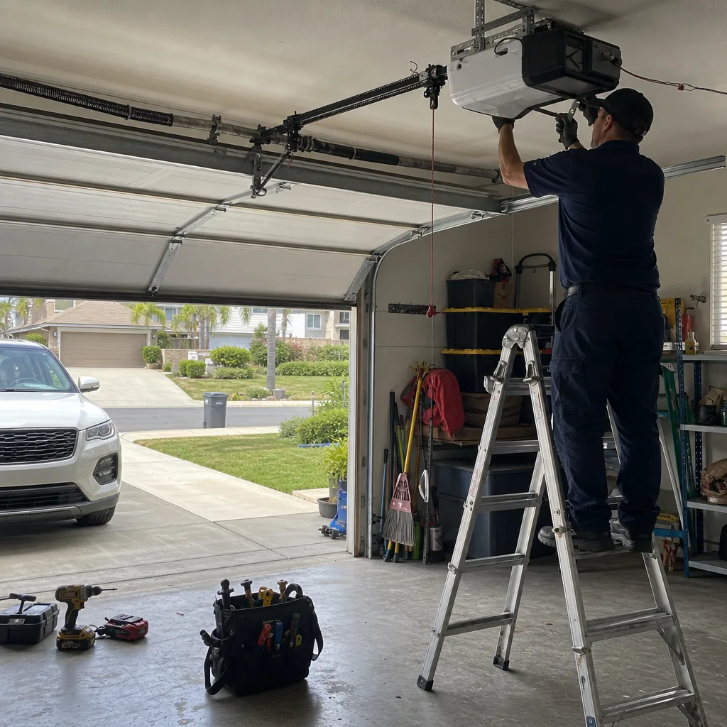Technician performing professional garage door opener maintenance and repair