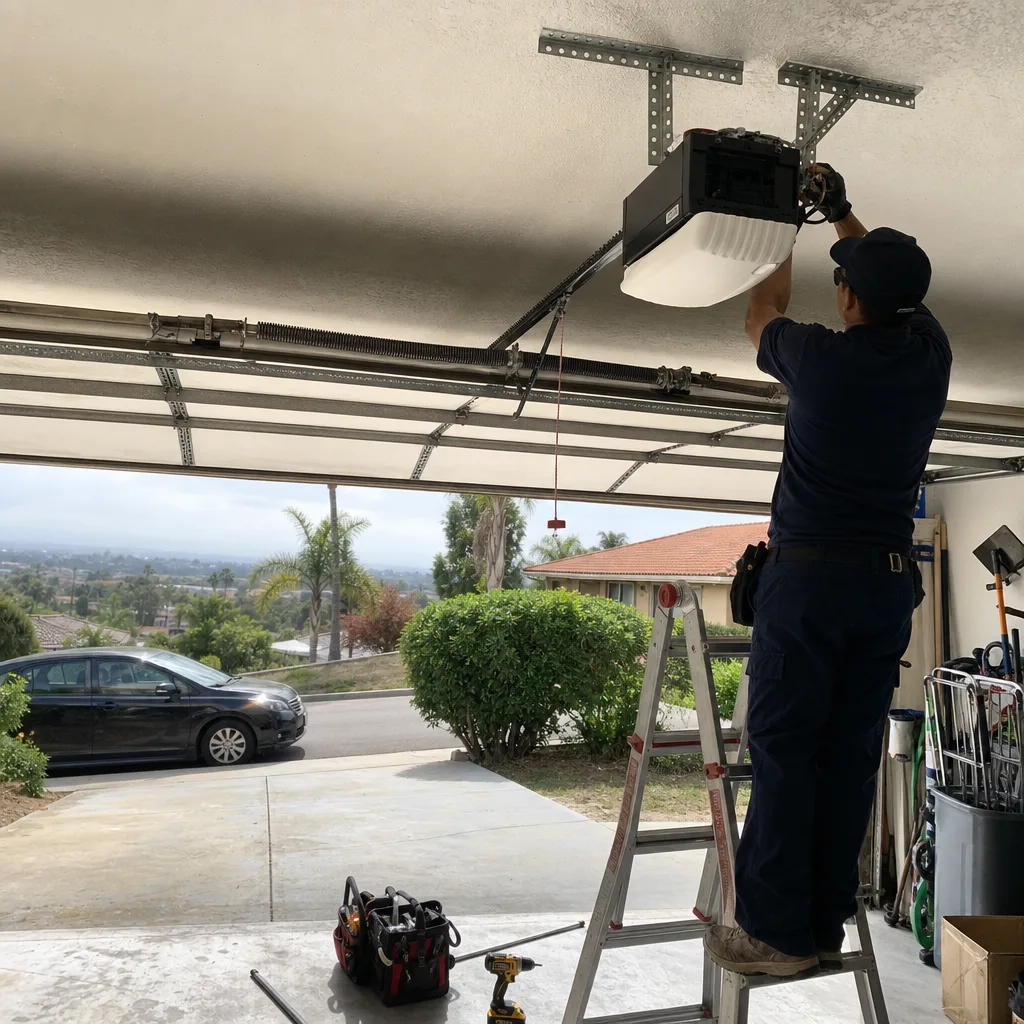Technician repairing or installing a garage door opener motor on ceiling