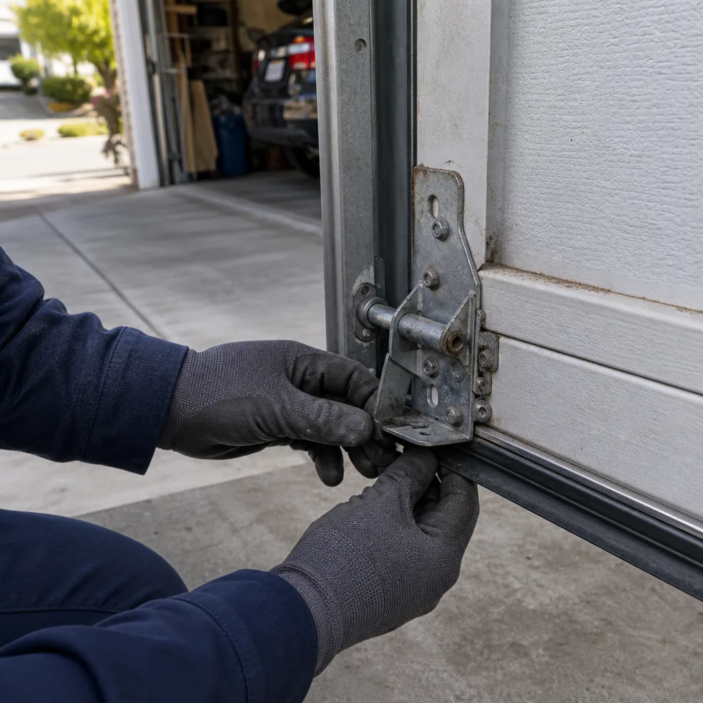 Technician performing professional garage door hinge maintenance and repair