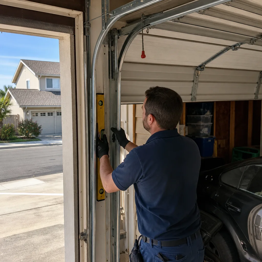 Technician using a level to repair a residential garage door track