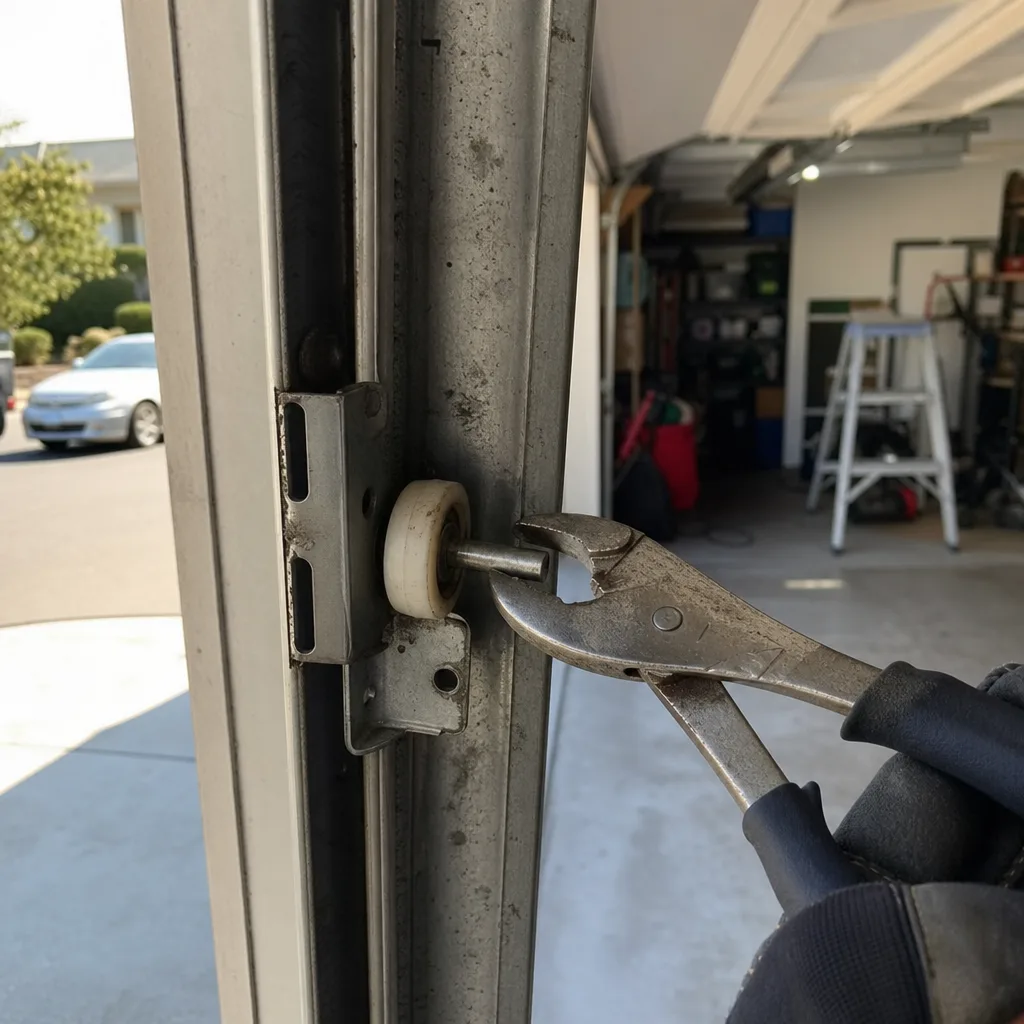 Technician using pliers to perform garage door roller repair