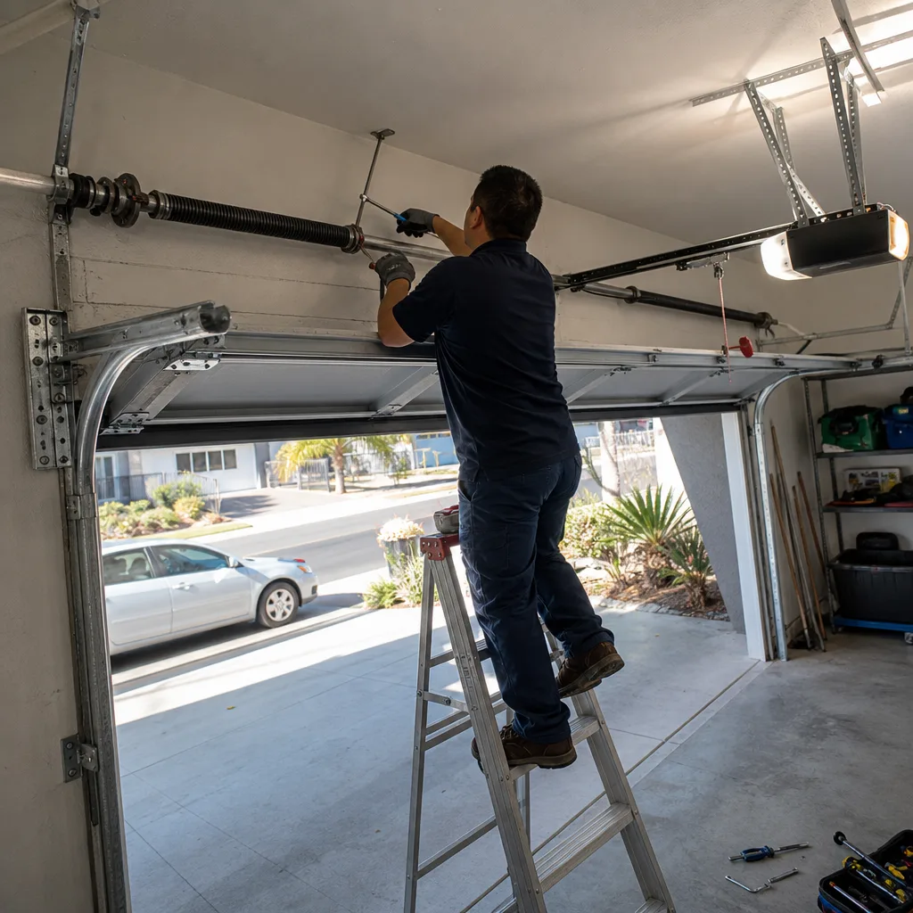 Technician performing professional garage door torsion spring repair on a ladder