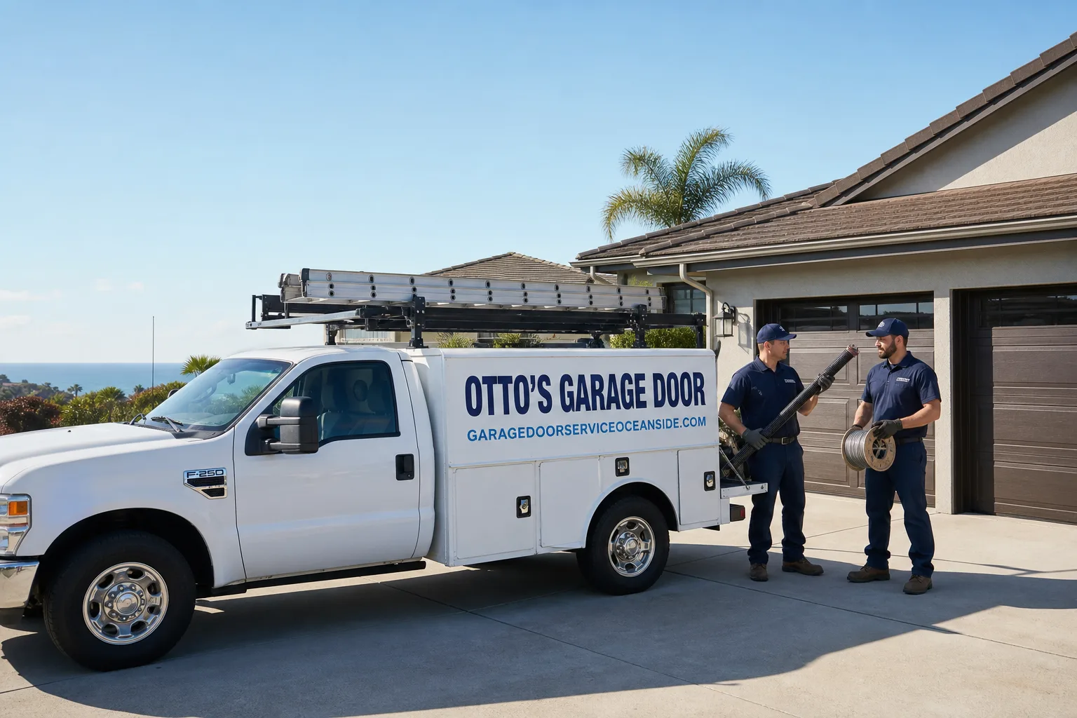 Otto's Garage Door garage door service vehicle and crew in Oceanside, CA